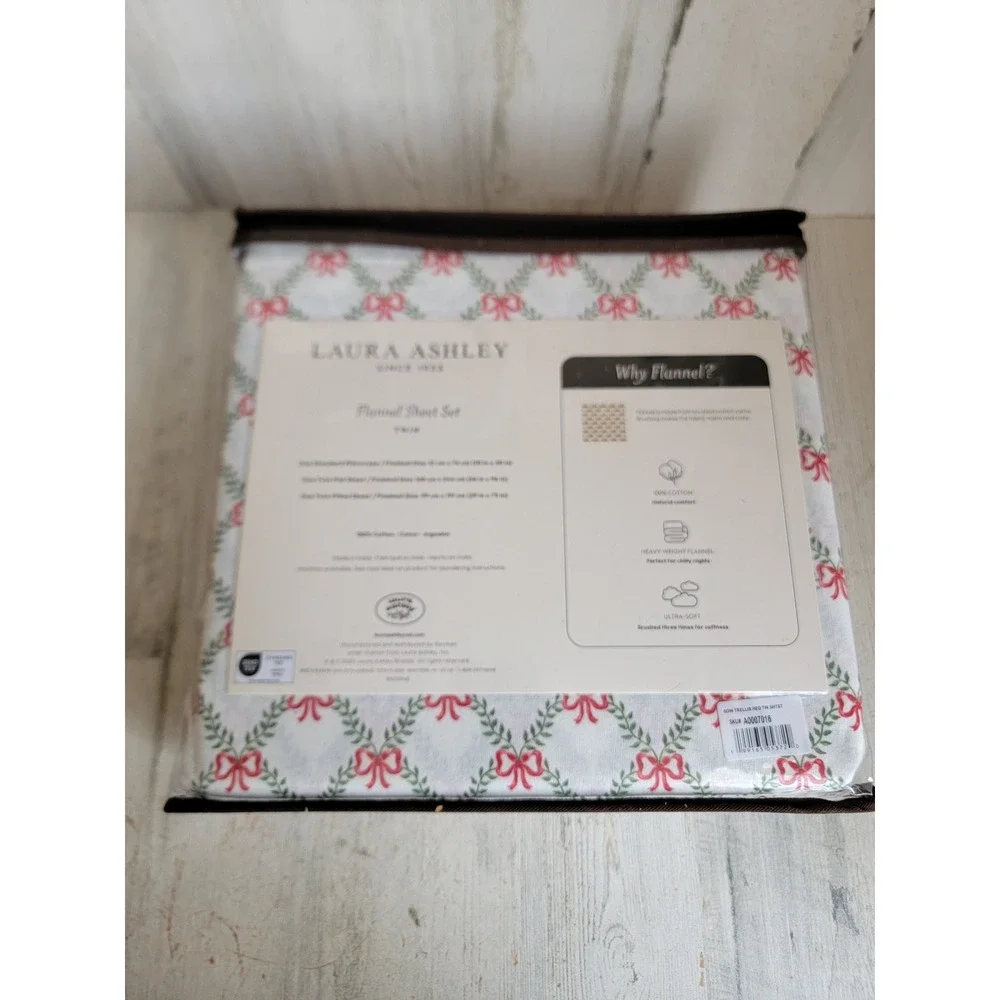 Laura‎ Ashley twin NEW bow trellis flannel bedsheet 3pc holiday Xmas home decor